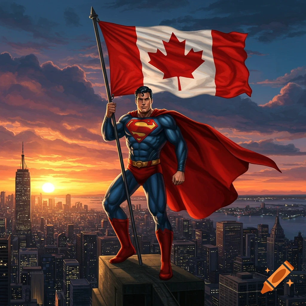 Superman stands atop a skyscraper holding a Canadian flag against a vibrant sunset over a sprawling city.