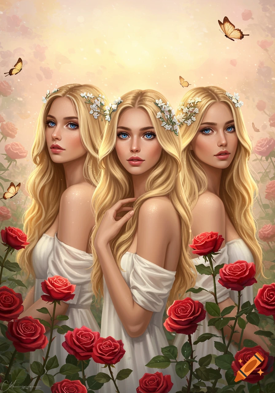 Digital painting of three blonde women with blue eyes wearing white dresses and flower crowns, standing among red roses with butterflies fluttering around them.