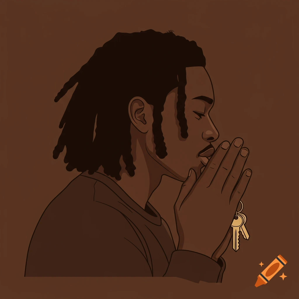 A stylized, side profile illustration of a Black man with dreadlocks, hands clasped in prayer, holding keys against a brown background.