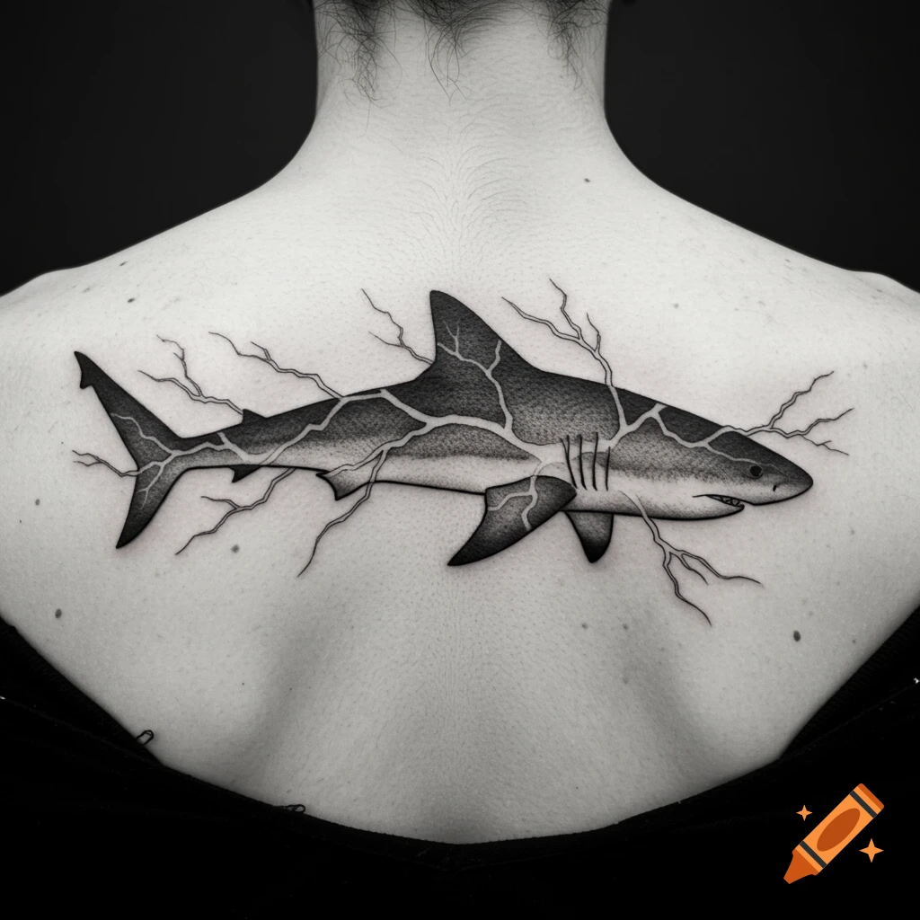 A black and white tattoo of a shark with lightning cracks on a person's upper back.