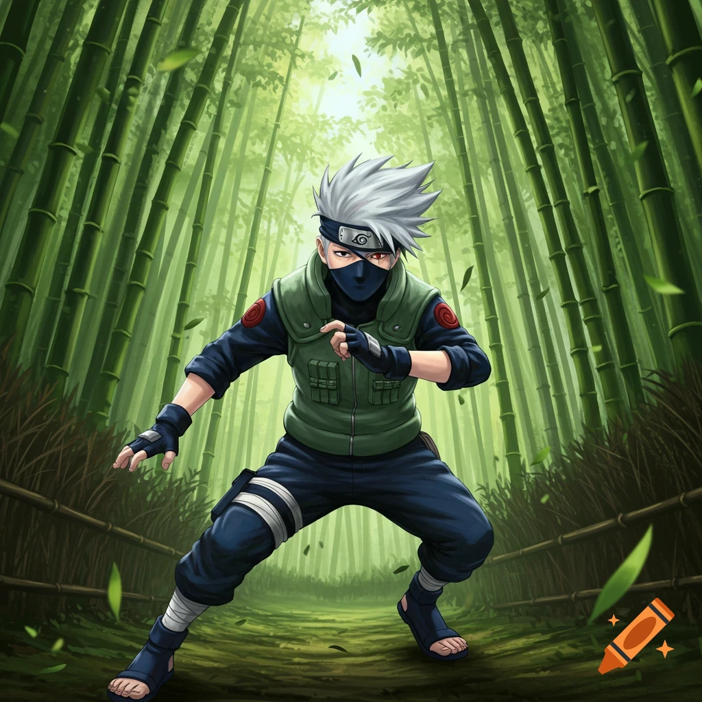 An illustration of Kakashi Hatake from Naruto in a crouching stance, wearing his ninja uniform, in a vibrant bamboo forest.
