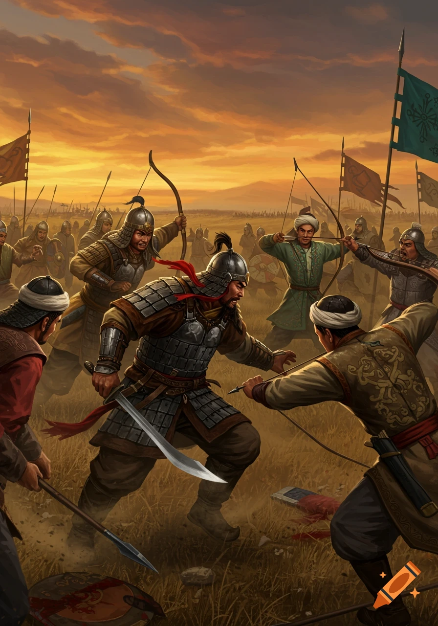 Detailed illustration of ancient Xiongnu and Uyghur warriors battling on a field at sunset, with swords, bows, and spears.