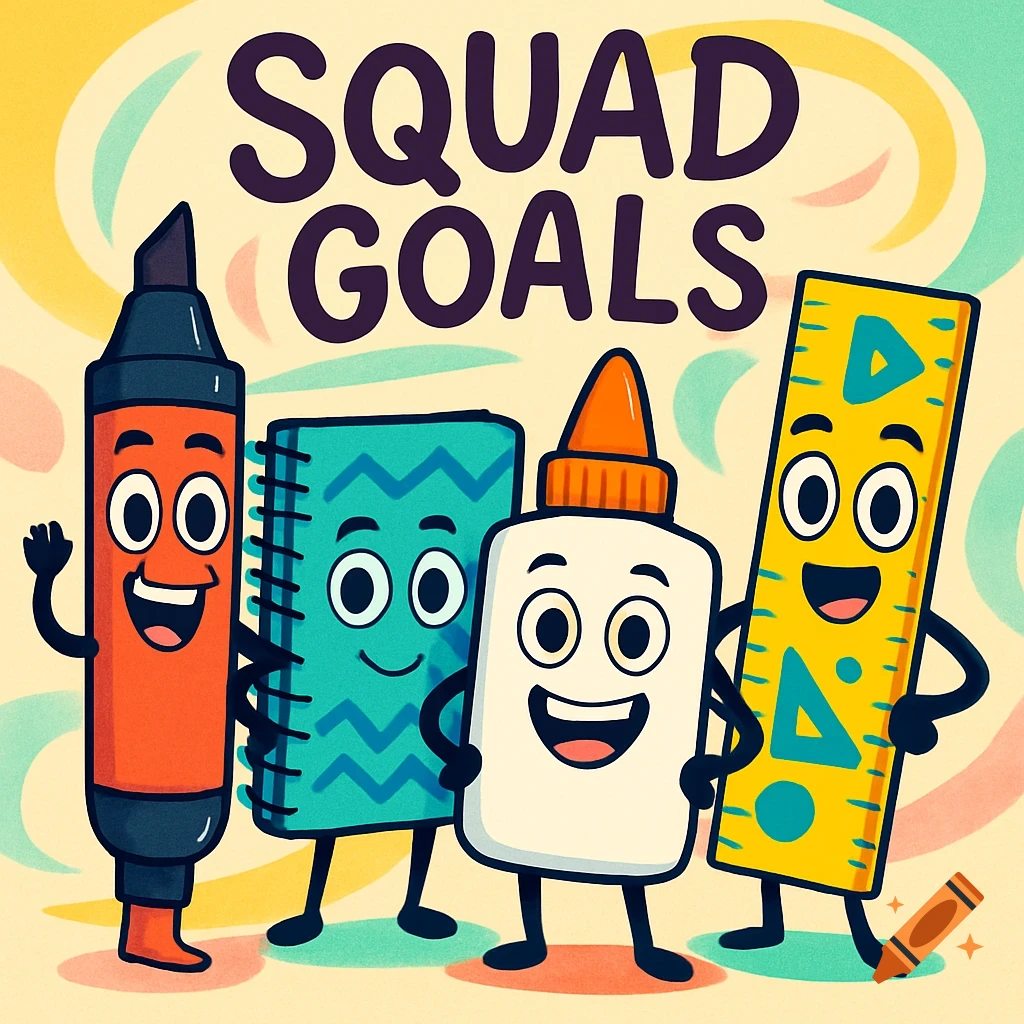 Four cheerful, anthropomorphic school supplies (marker, notebook, glue, ruler) stand together under the text 'SQUAD GOALS' in a bright, cartoon style.