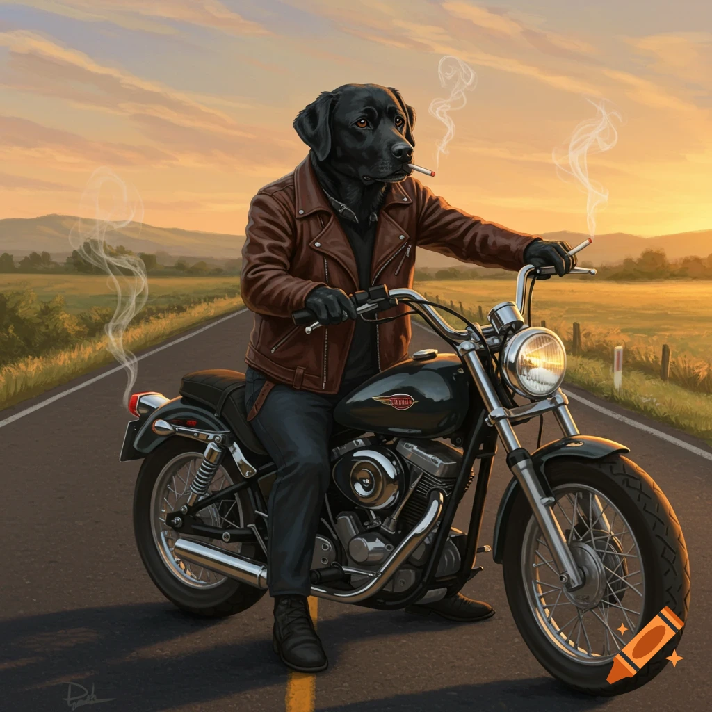A black Labrador wearing a brown leather jacket rides a black motorcycle down a road at sunset, smoking a cigarette. Illustrated style.