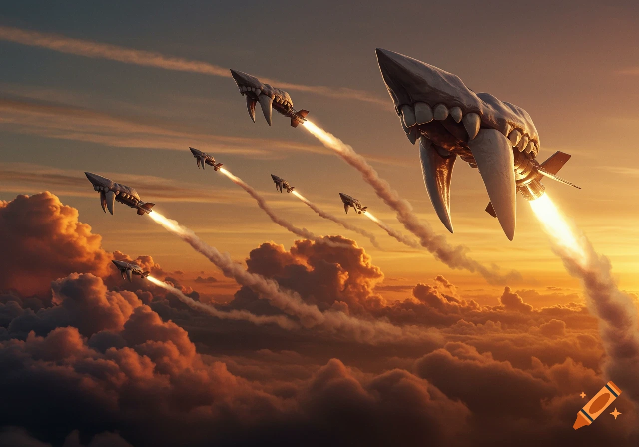 Tooth-shaped missiles with fiery trails soar through a cloudy sky at sunset.