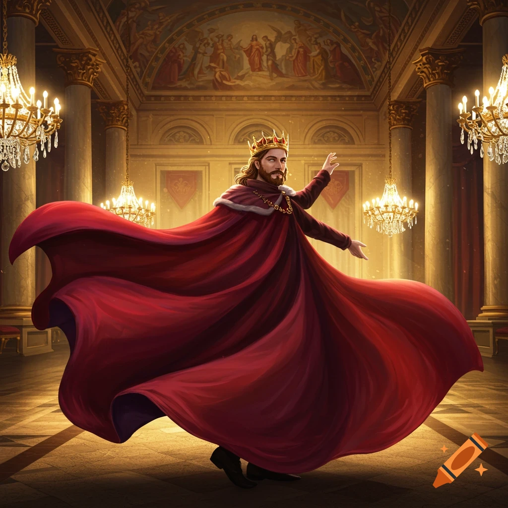 A king in a gold crown and flowing red cape twirls dramatically in a grand, ornate palace ballroom.