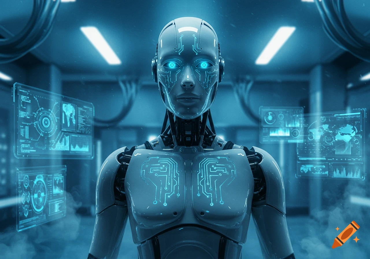 A photorealistic robot with glowing blue eyes and circuit patterns on its chest stands in a futuristic blue-lit room with holographic screens.