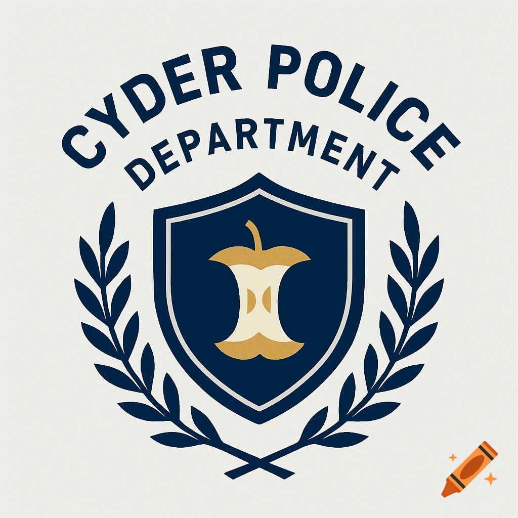 A blue and gold logo for the Cyder Police Department featuring an apple core inside a shield, framed by a laurel wreath.