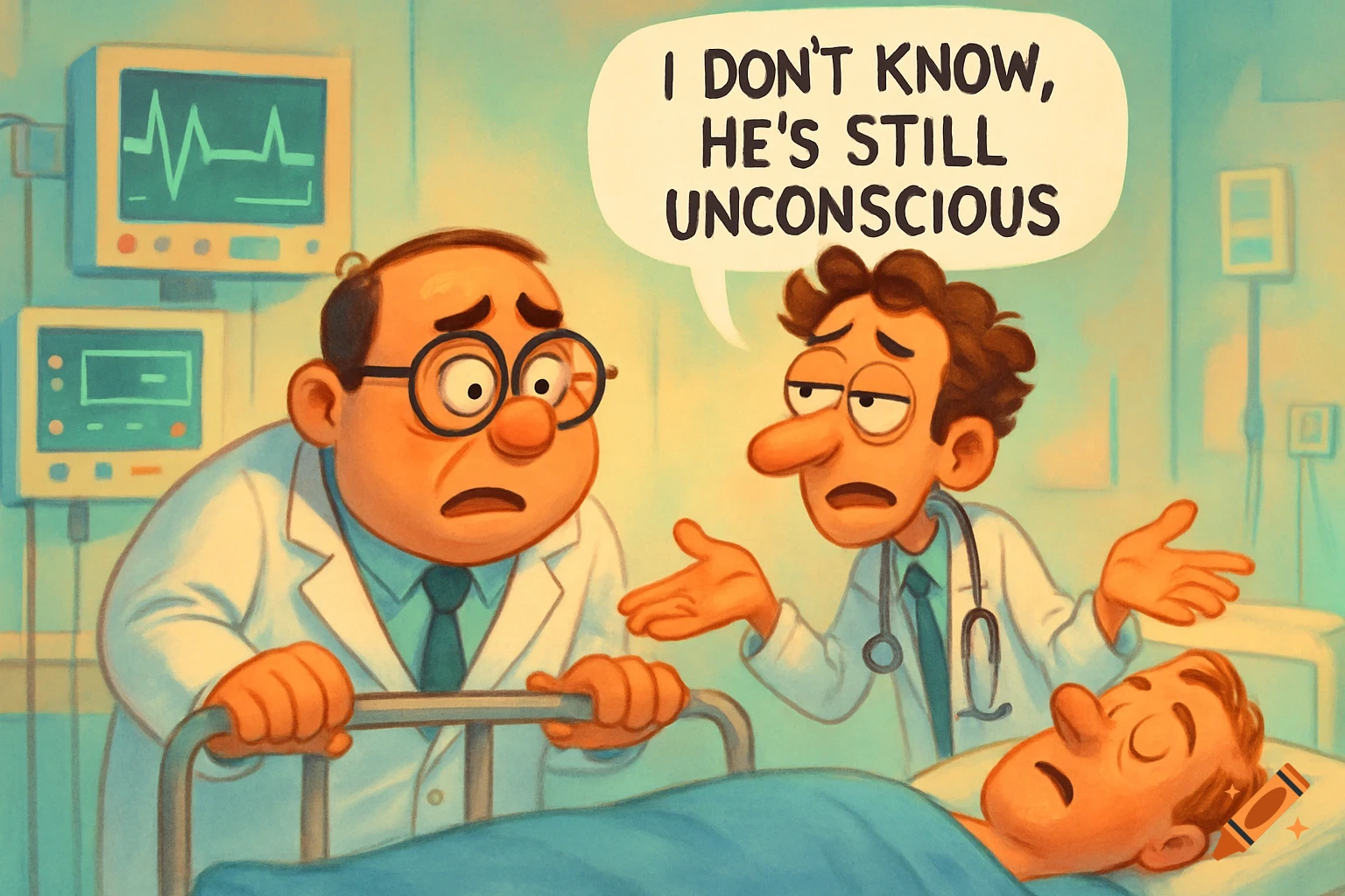 Cartoon illustration of two doctors looking concerned over an unconscious patient in a hospital bed.