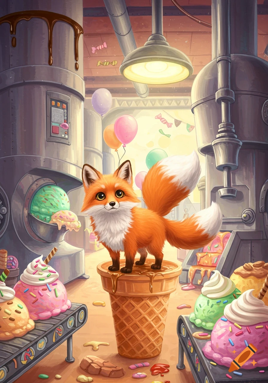 A cute fox stands on an ice cream cone in a whimsical ice cream factory, surrounded by colorful scoops and candy. Illustrated style.