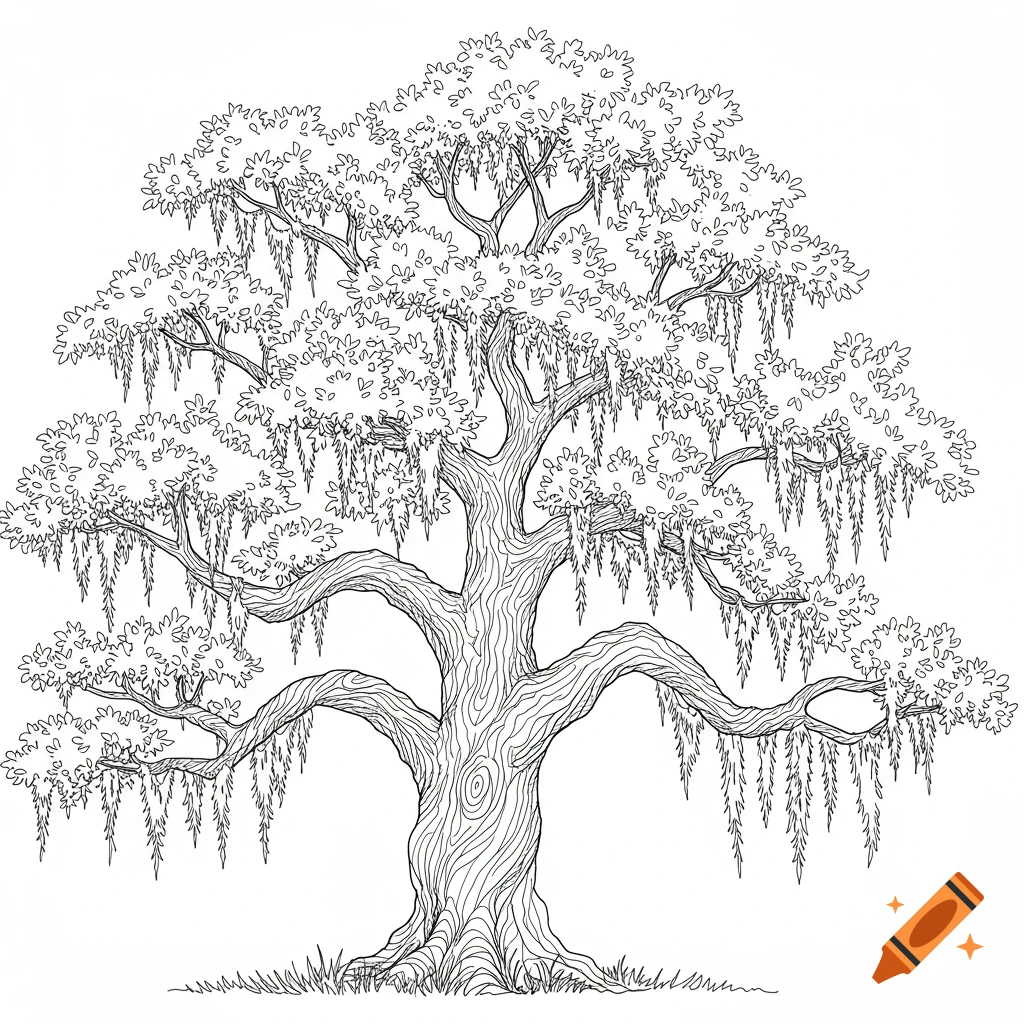 Black and white line drawing of a live oak tree with Spanish moss, styled as a coloring book page.