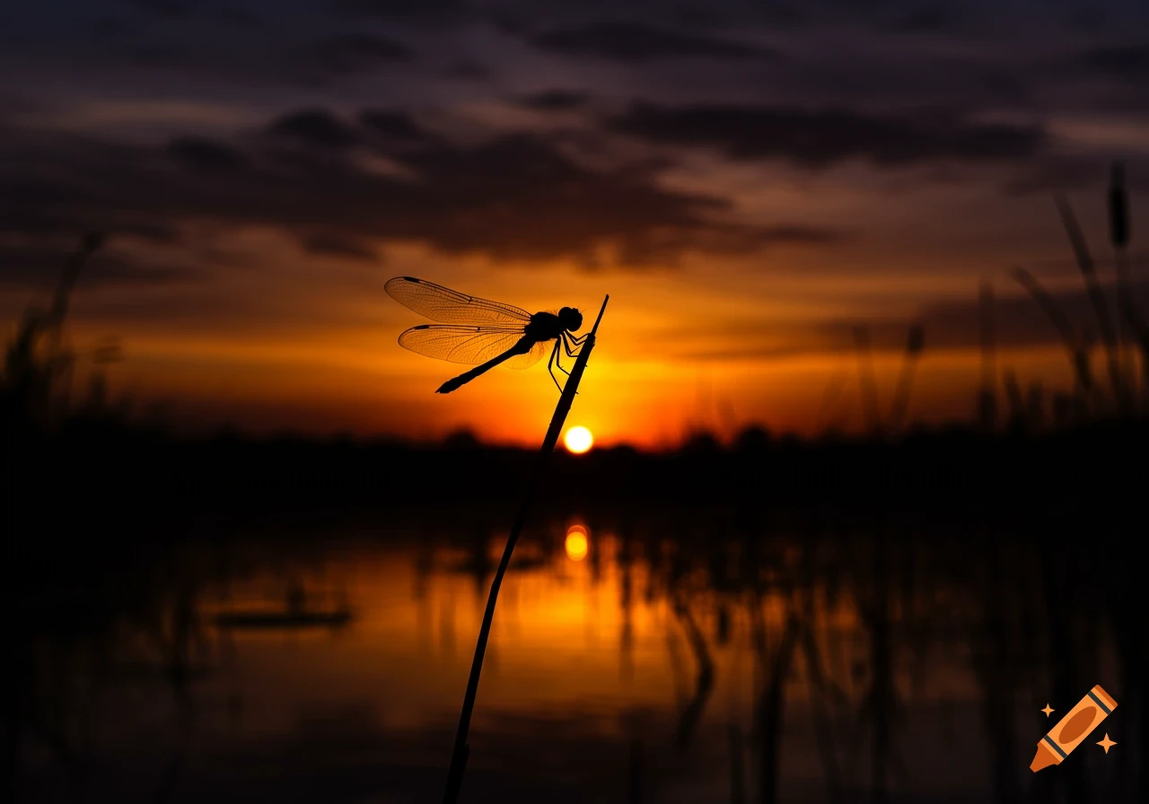 A silhouette of a dragonfly perched on a slender stem at sunset, with a vibrant orange sky reflected in the water below.
