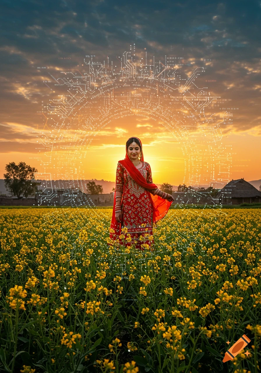 Woman in red traditional Desi attire stands in a yellow flower field with a glowing circuit board design behind her at sunset.
