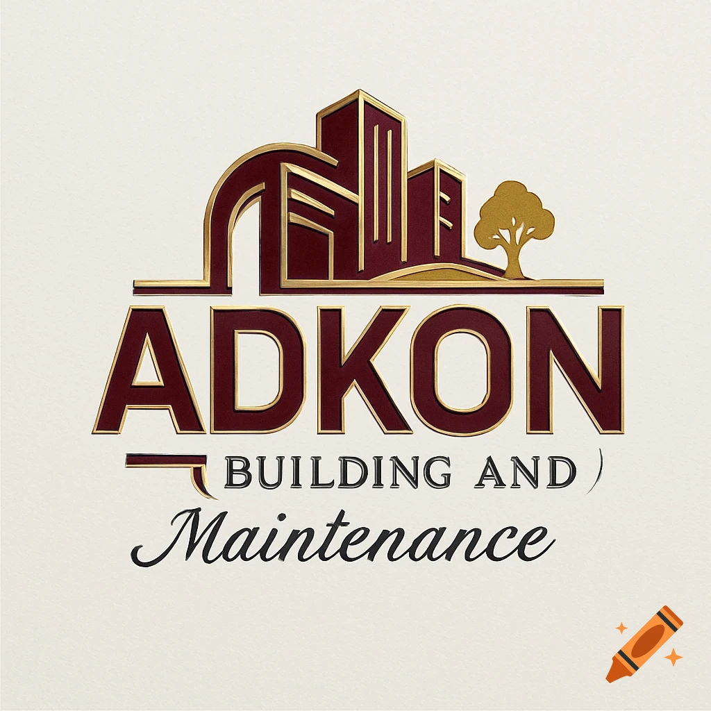 A gold and maroon 3D logo for 'ADKON Building and Maintenance' featuring stylized buildings and a tree.