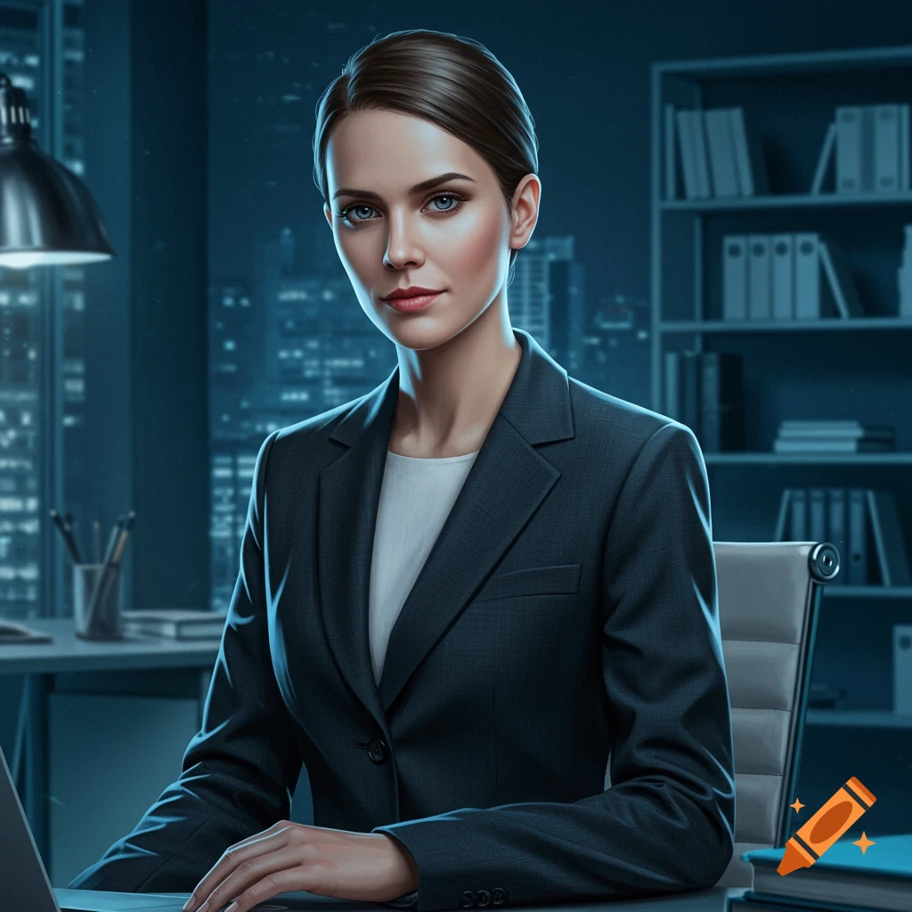 Photorealistic portrait of a serious professional woman in a suit at an office desk with a laptop, city lights in background.