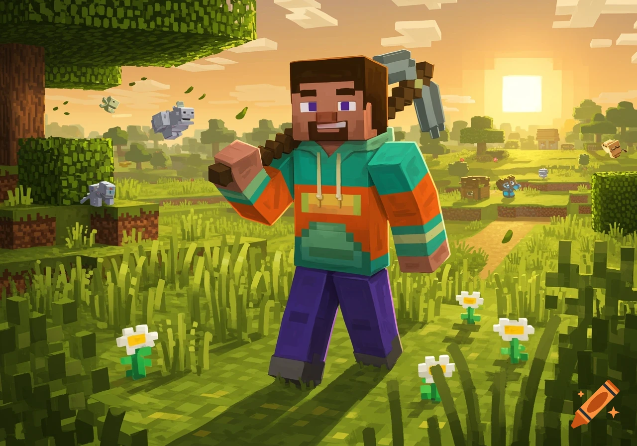 Minecraft Steve, with a beard and wearing a colorful hoodie, walks through a blocky grassy field carrying a pickaxe on his shoulder, under an orange sunset sky.