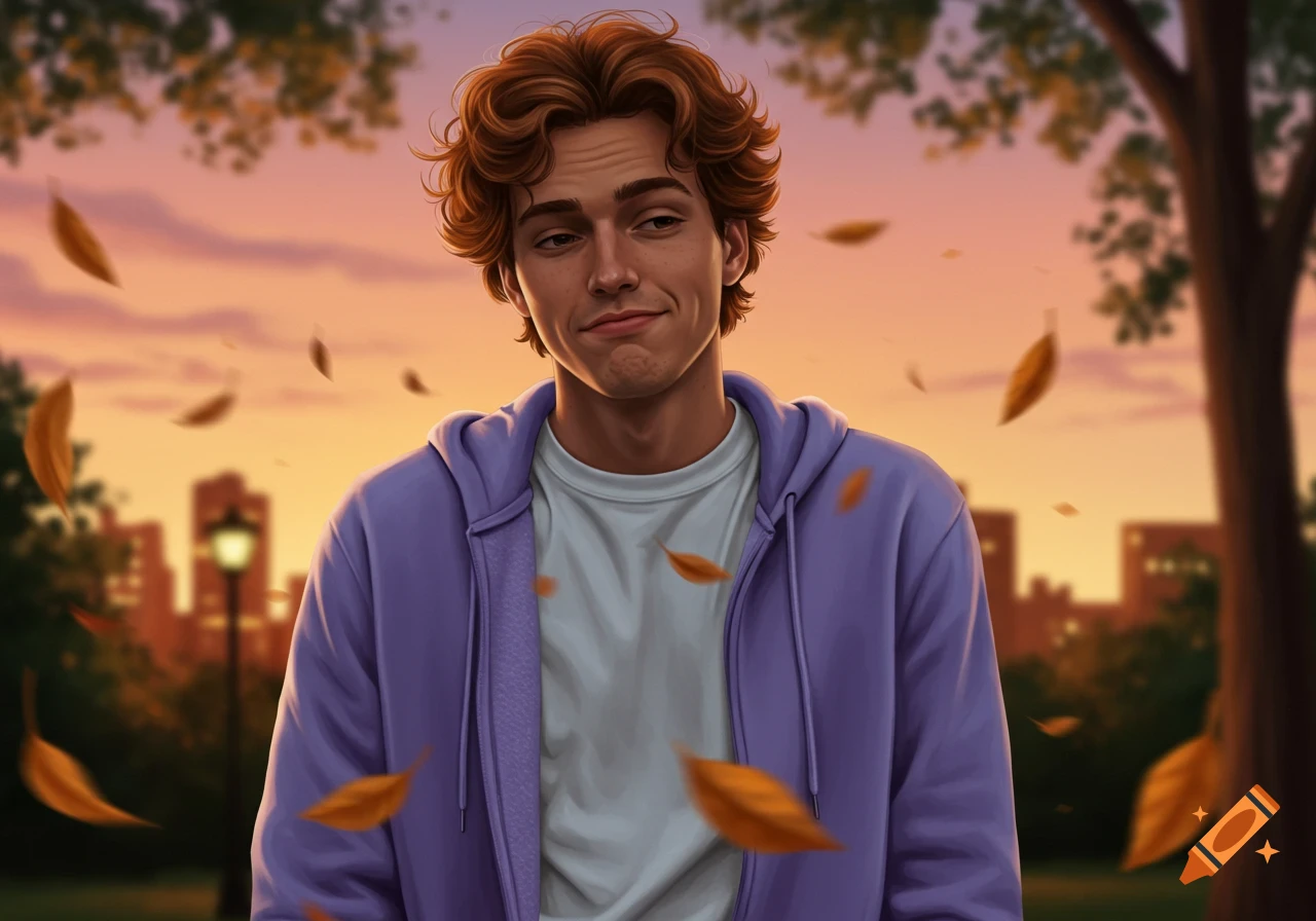 An illustration of a young man with curly reddish-brown hair shrugging in a park with falling autumn leaves at sunset.
