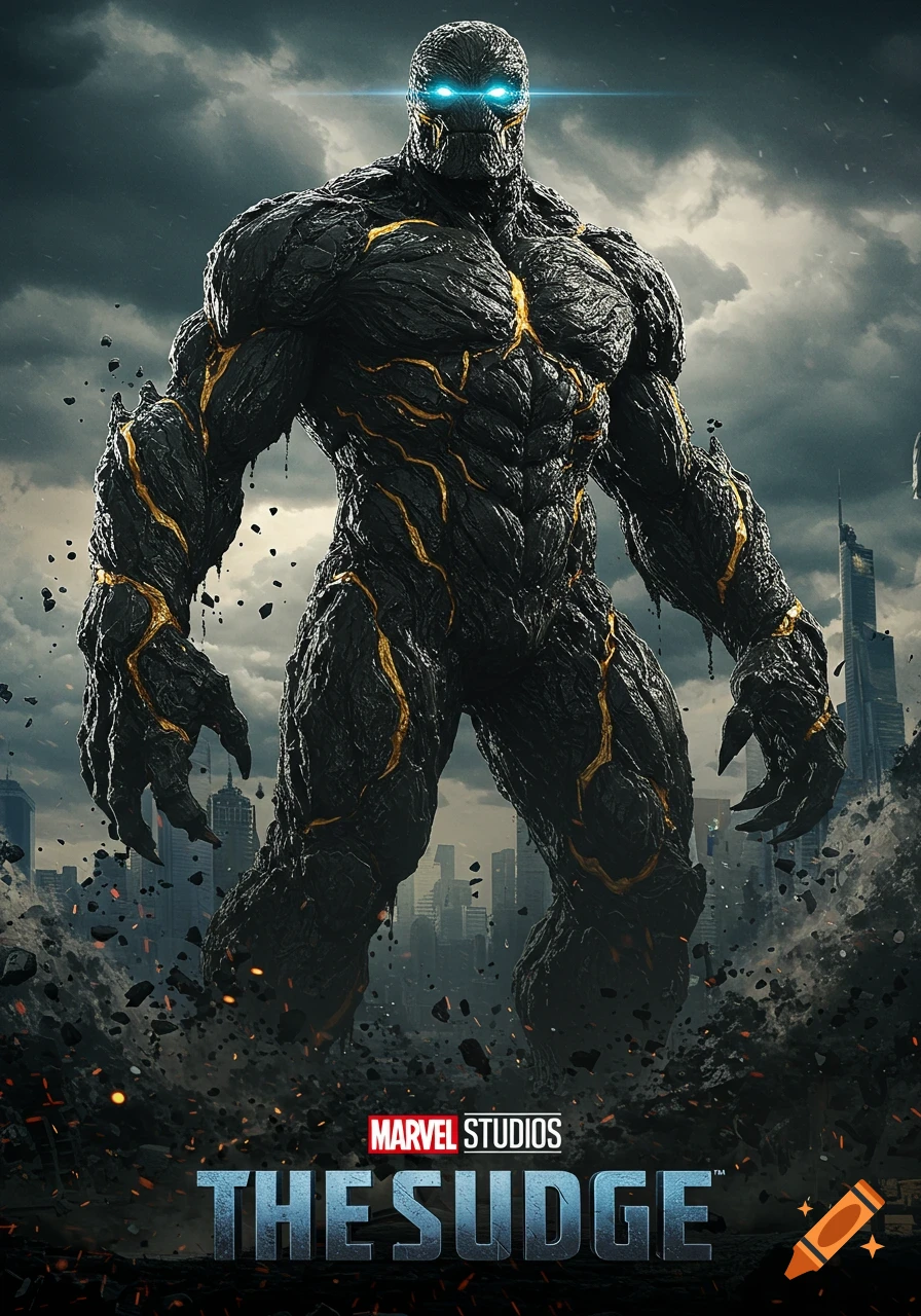 Movie poster for 'The Sludge' shows a massive, dark rock monster with glowing blue eyes and golden veins towering over a ruined city.