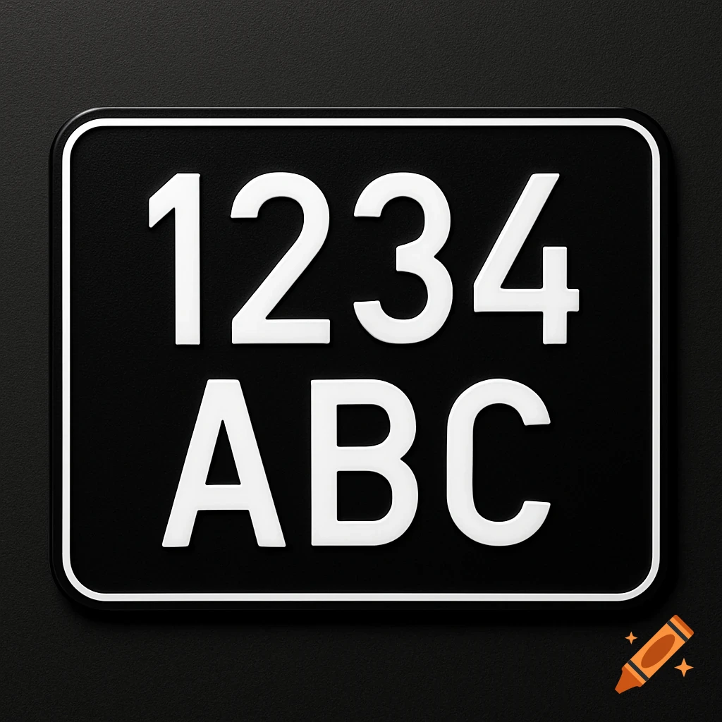 A black and white sign resembling a license plate with white numbers 1234 and letters ABC.
