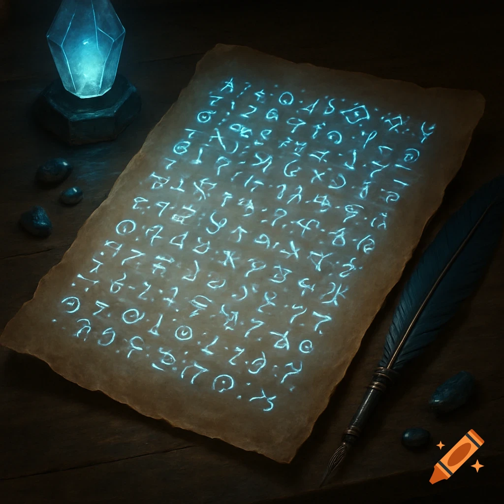 Close-up of an old parchment with glowing blue alien script, an illuminated crystal, and a feather quill on a wooden table.