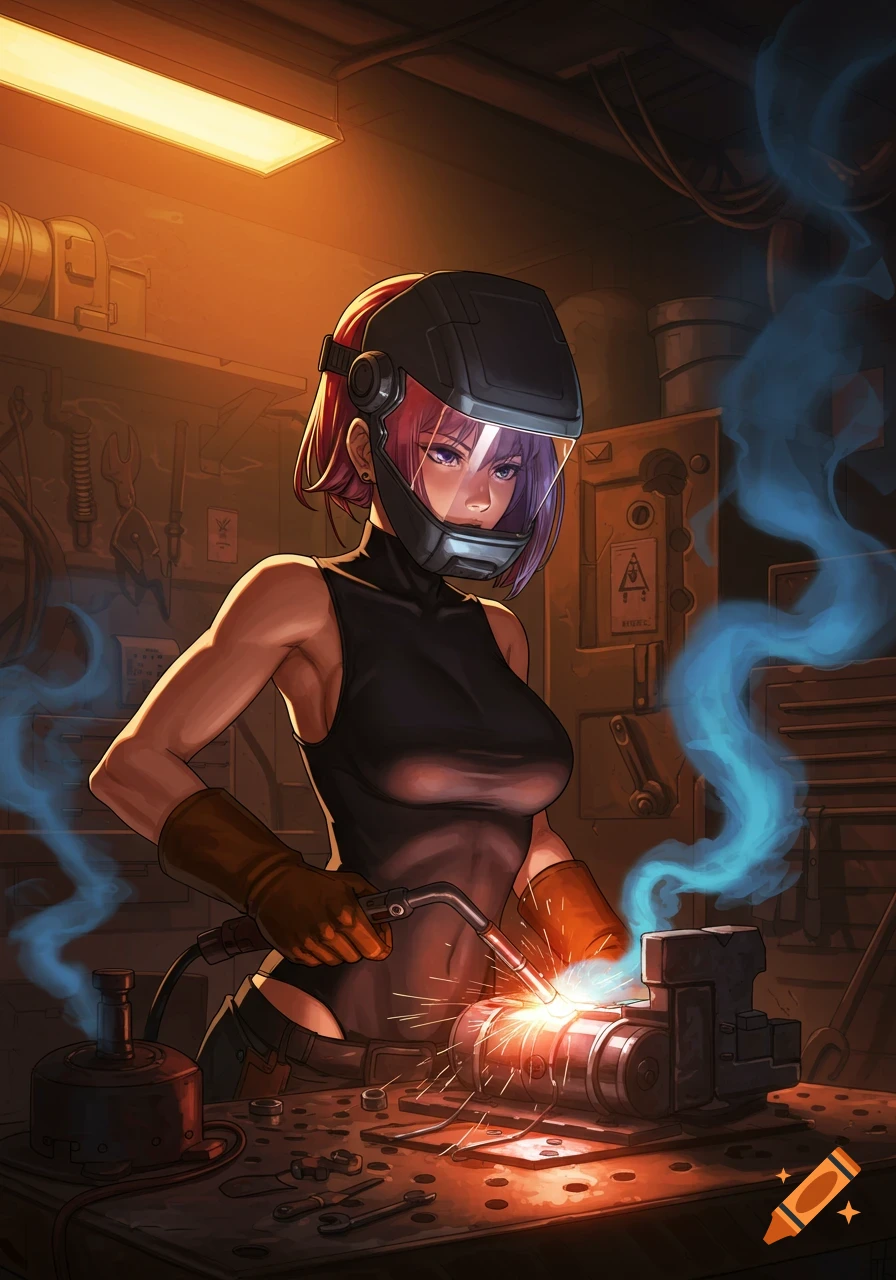Anime-style female mechanic welding in a dimly lit workshop, wearing a helmet and gloves.