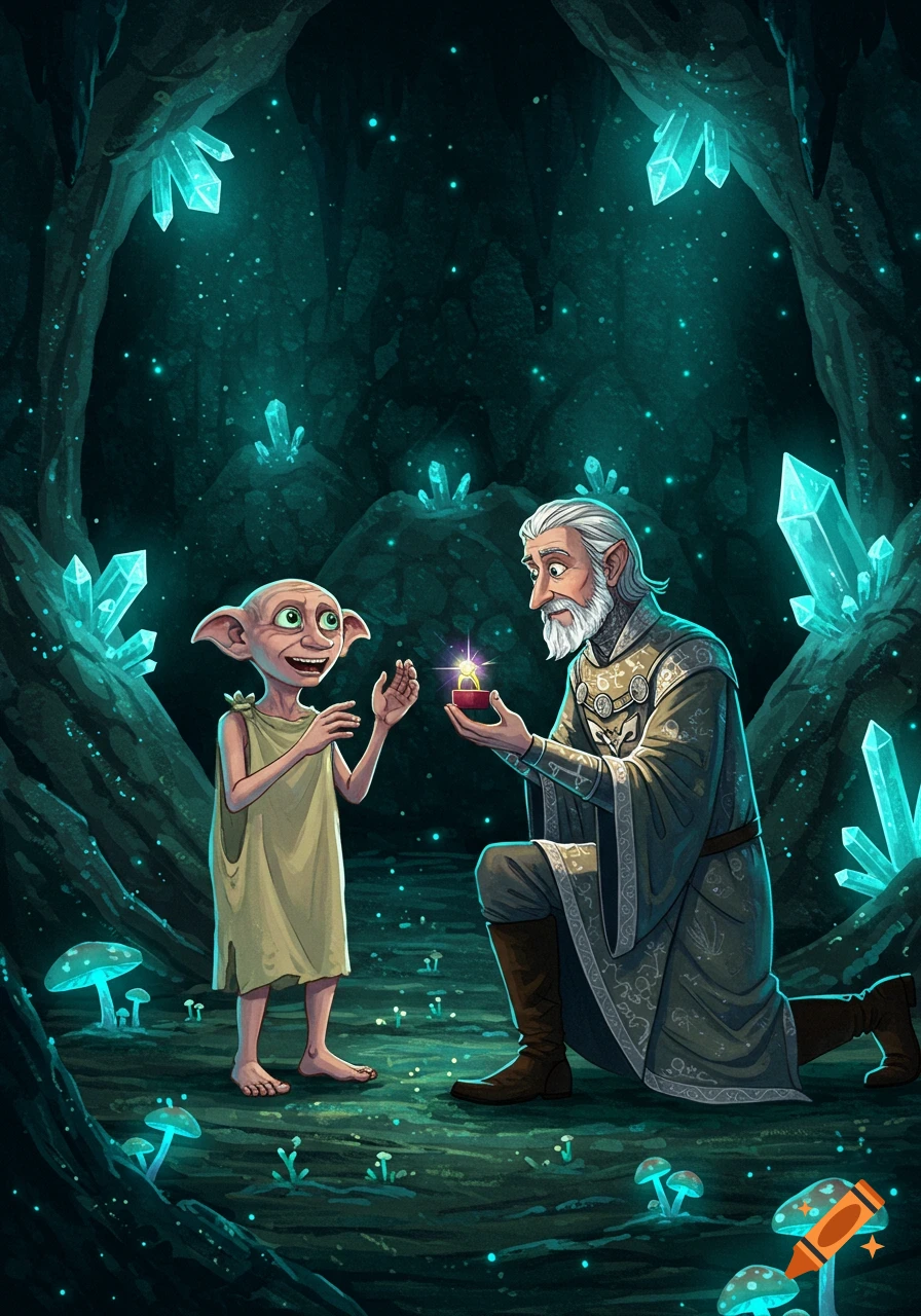 A wizard-like man kneels in a glowing crystal cave, proposing to Dobby the house-elf with a ring in a digital art style.