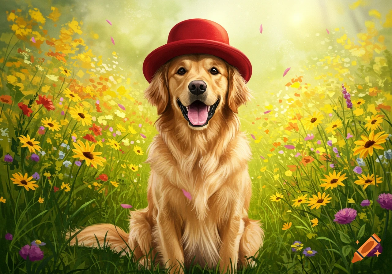 A happy golden retriever wearing a red hat, sitting in a vibrant field of yellow and purple wildflowers.