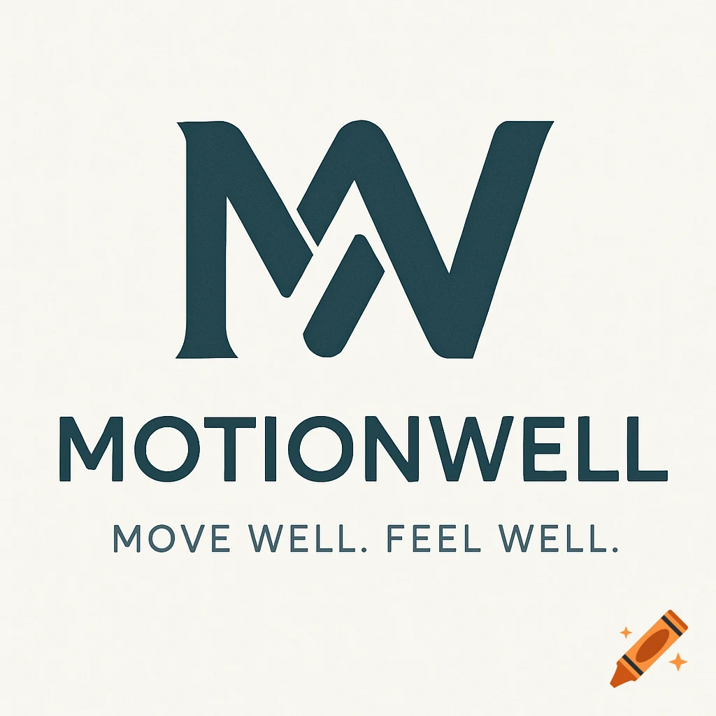 A dark teal logo for MotionWell with a stylized M and W intertwined above the brand name and the slogan 'Move Well. Feel Well.'