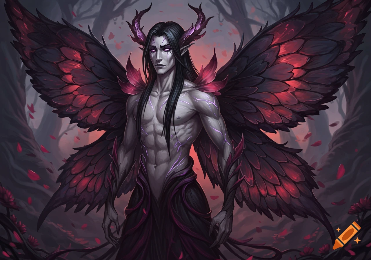 A fantasy male character with black hair, horns, purple glowing eyes, and large red and black wings, standing in a dark forest.