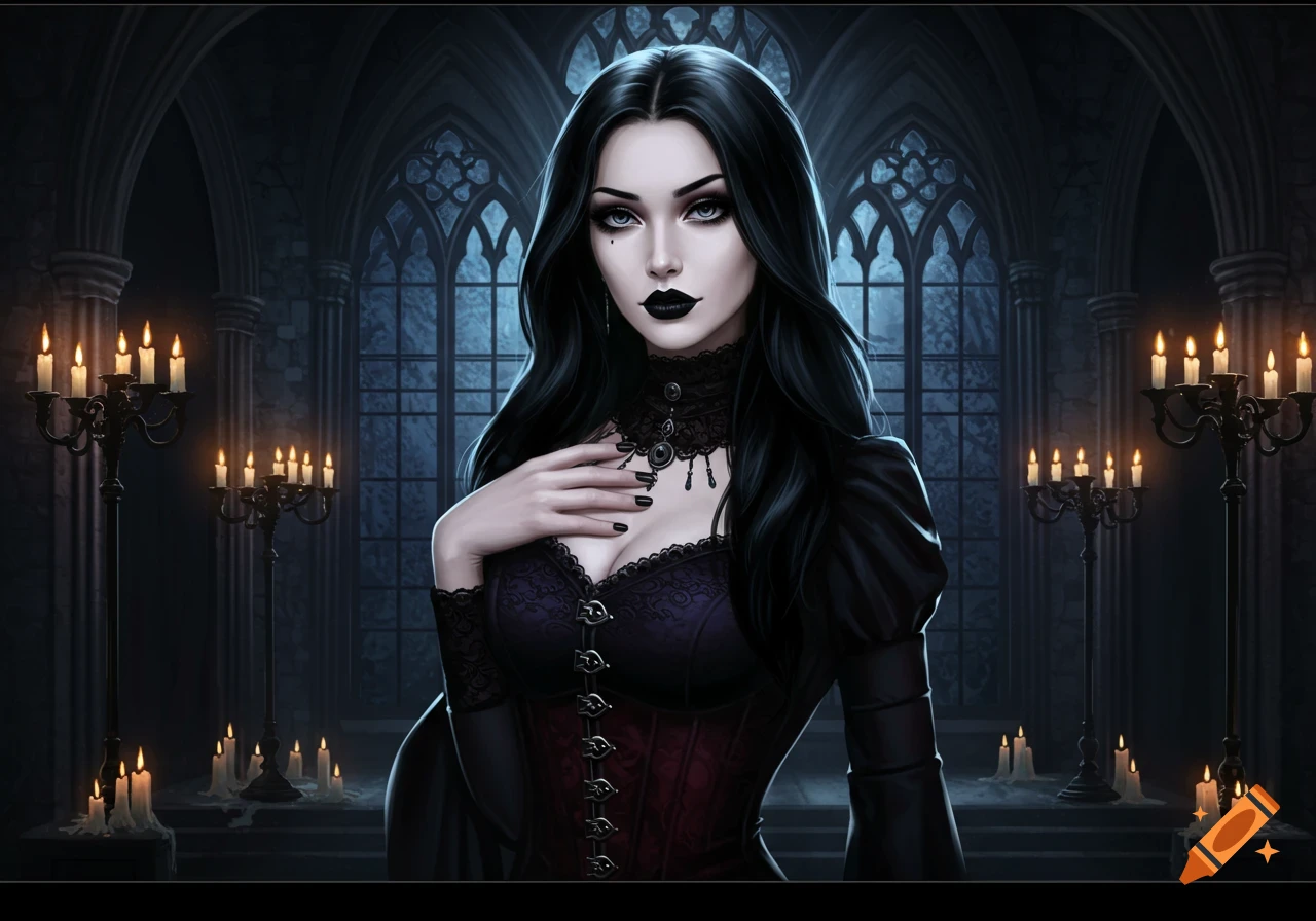 A goth woman with long black hair and black lips in a dark, candlelit gothic cathedral.
