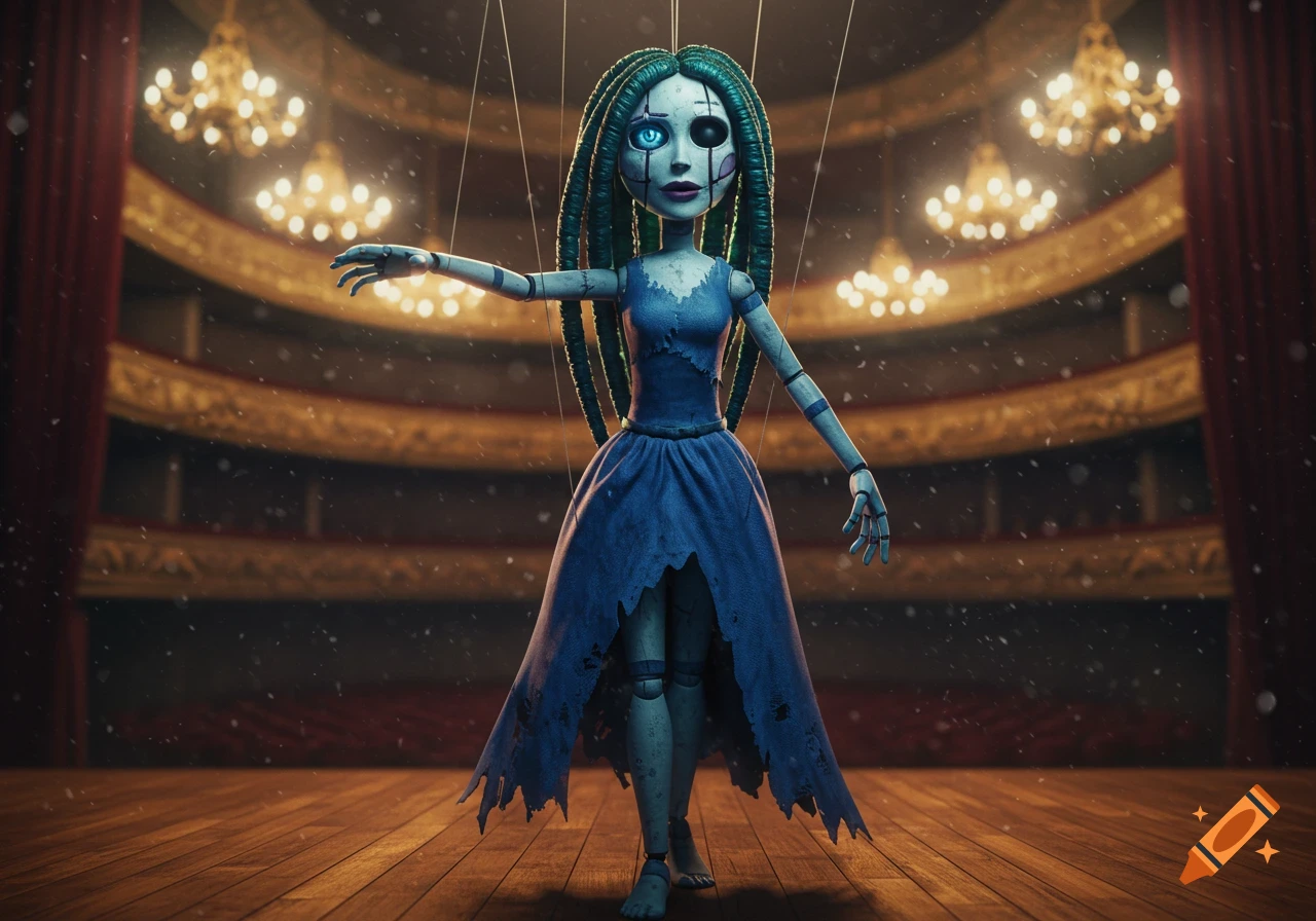 A stylized, slightly creepy female puppet with green dreadlocks and a single glowing blue eye stands on a wooden stage in a grand opera house.