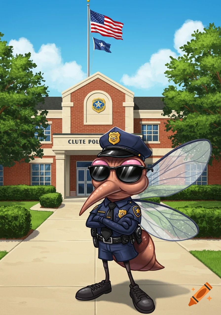 A cartoon mosquito in a police officer uniform and sunglasses stands in front of a brick police station with American and blue flags.