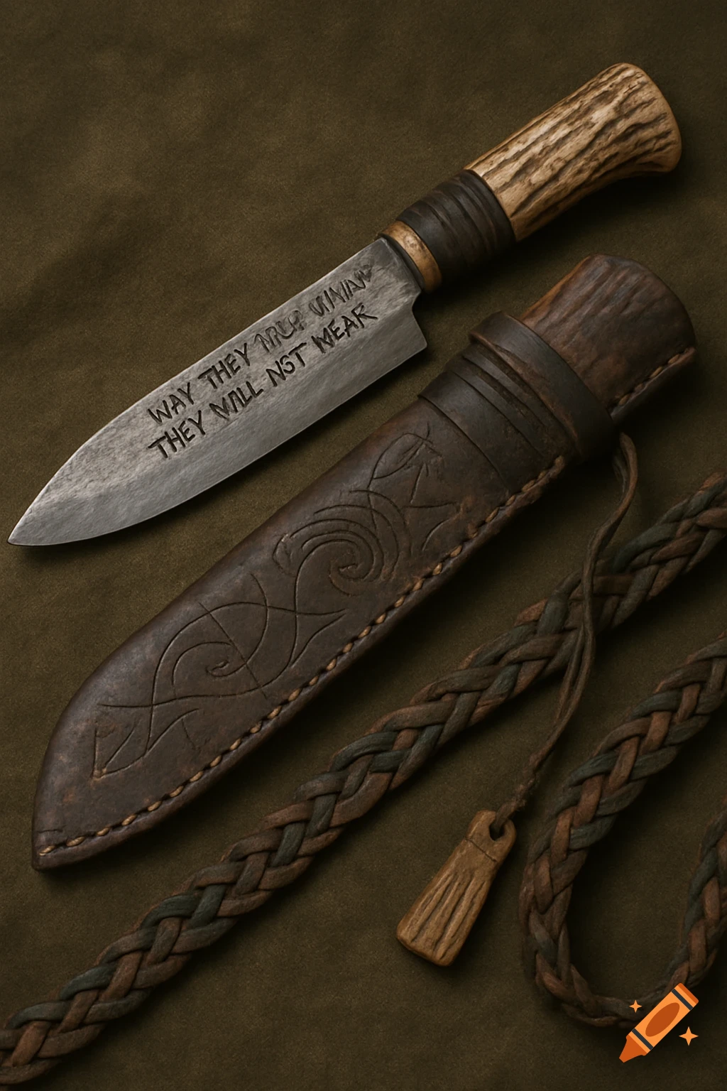A detailed close-up of a weathered metal knife with an antler handle and engraved text, lying next to an embossed leather sheath and braided leather strap on a green fabric surface.