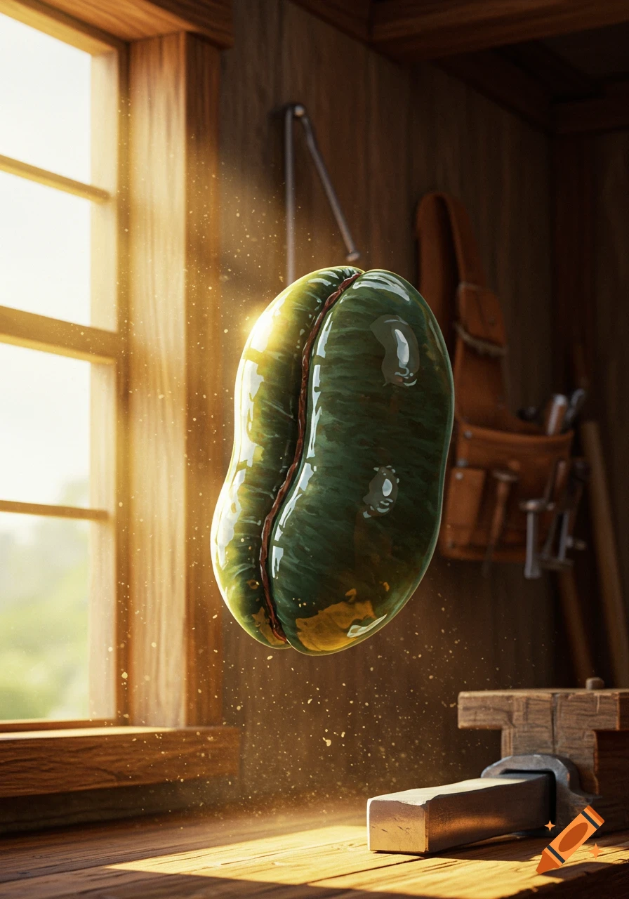 A large, glossy green bean-like object floats in a sunlit wooden room, illuminated by light streaming through a window.
