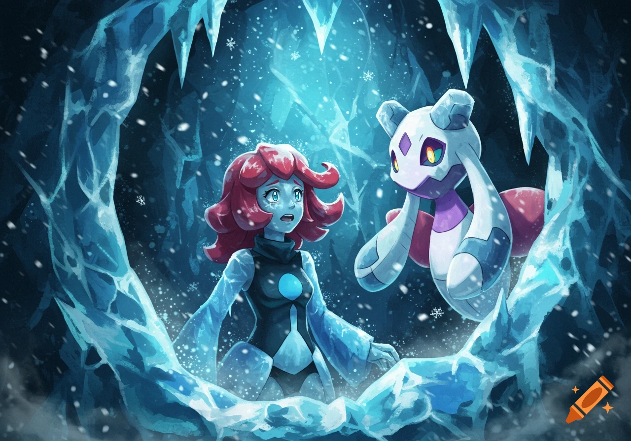 An anime character with red hair partially frozen in ice looks at a white and purple creature in an icy cave with falling snow.