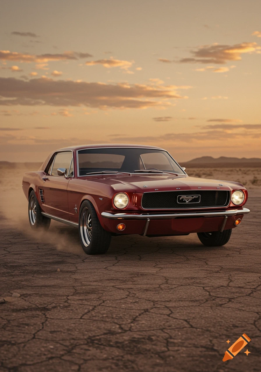A red classic Ford Mustang drives on cracked desert ground at sunset, kicking up dust.