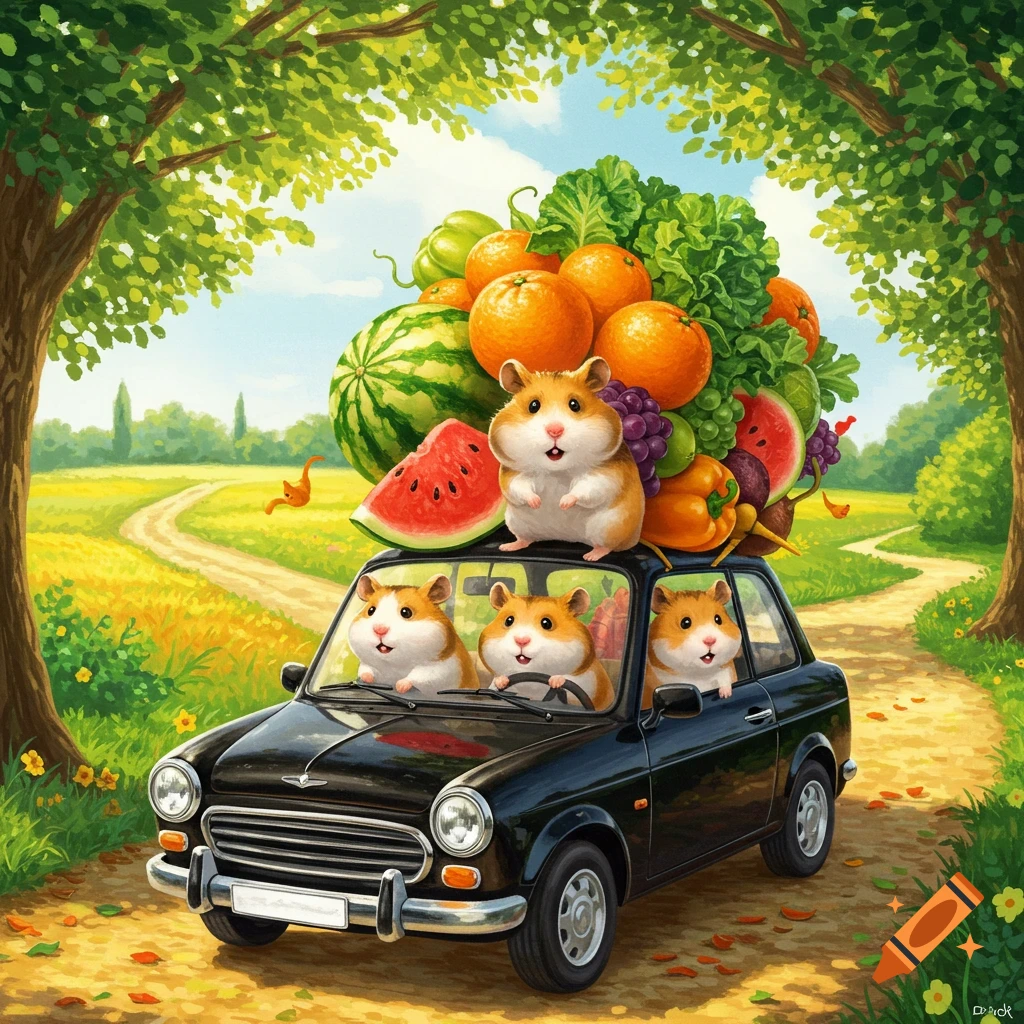 Cute cartoon hamsters drive a black car loaded with a large pile of fruits and vegetables down a sunny countryside road.