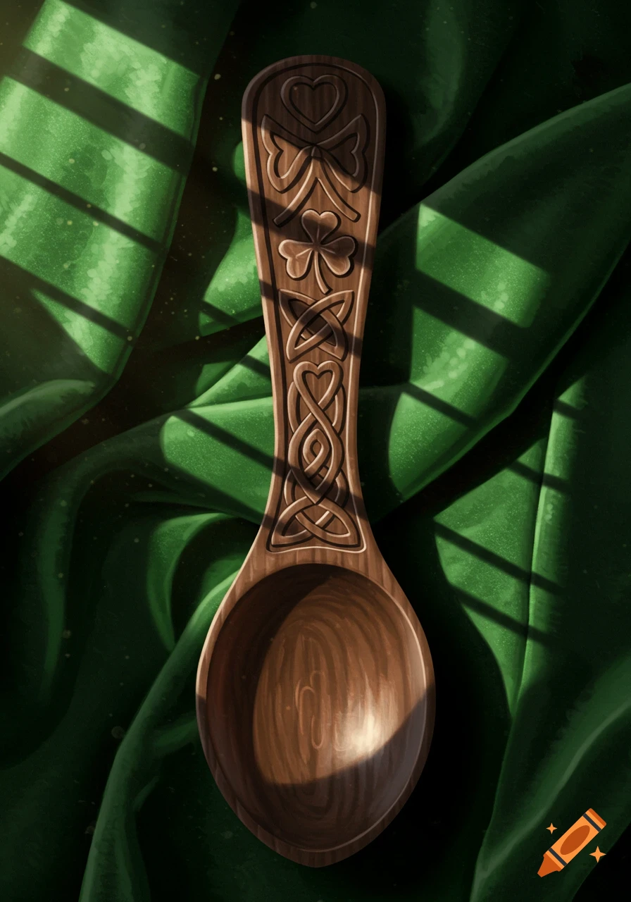 A carved wooden Celtic love spoon featuring hearts, shamrock, and knotwork, resting on a draped green fabric with sunlight stripes.