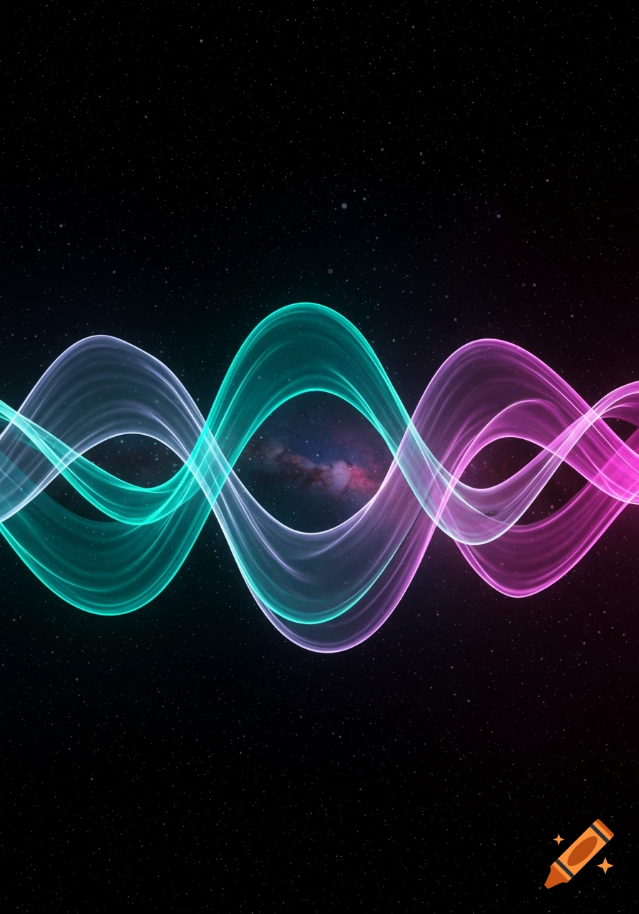 Abstract neon teal and pink waves against a dark starry space background with a nebula.