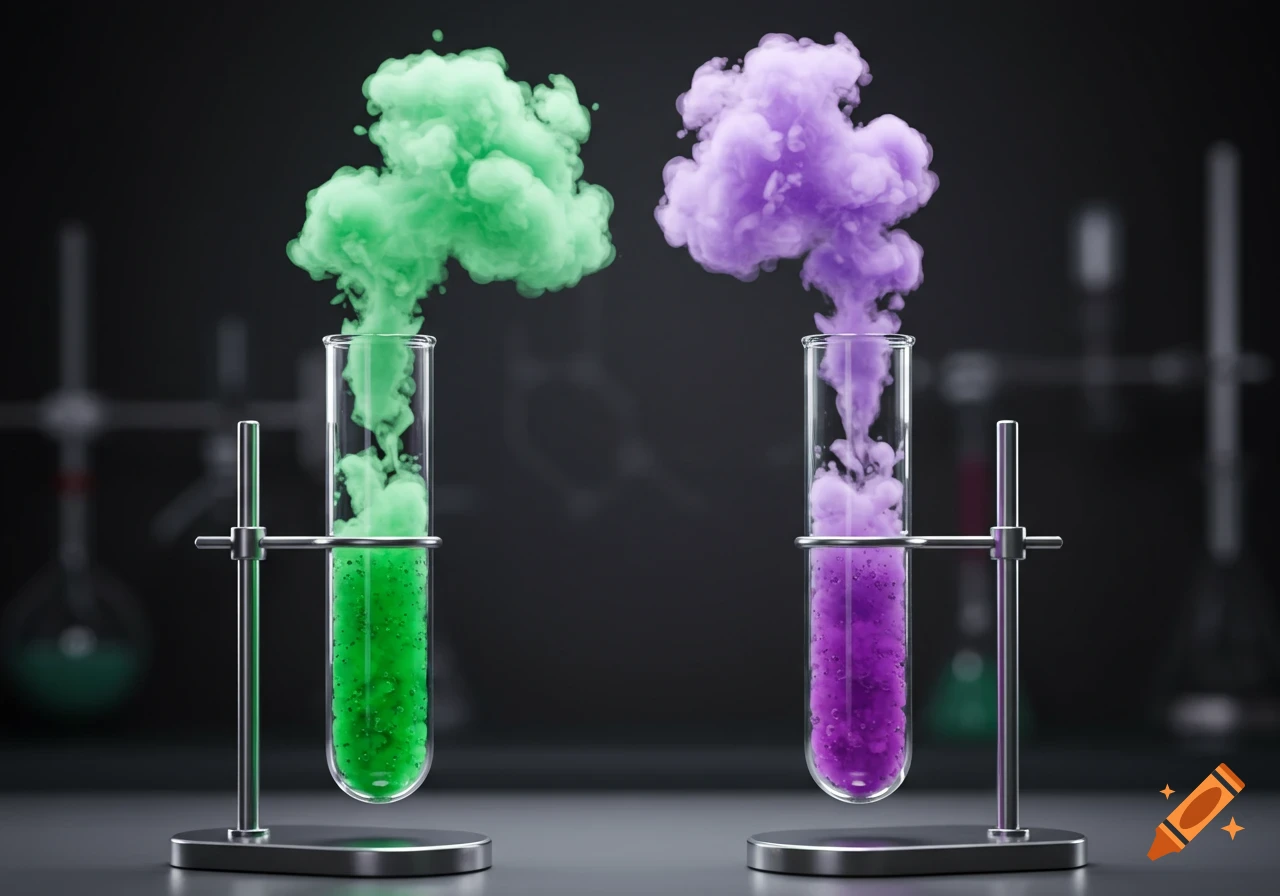 Two test tubes on stands, one with bubbling green liquid and green smoke, the other with bubbling purple liquid and purple smoke.