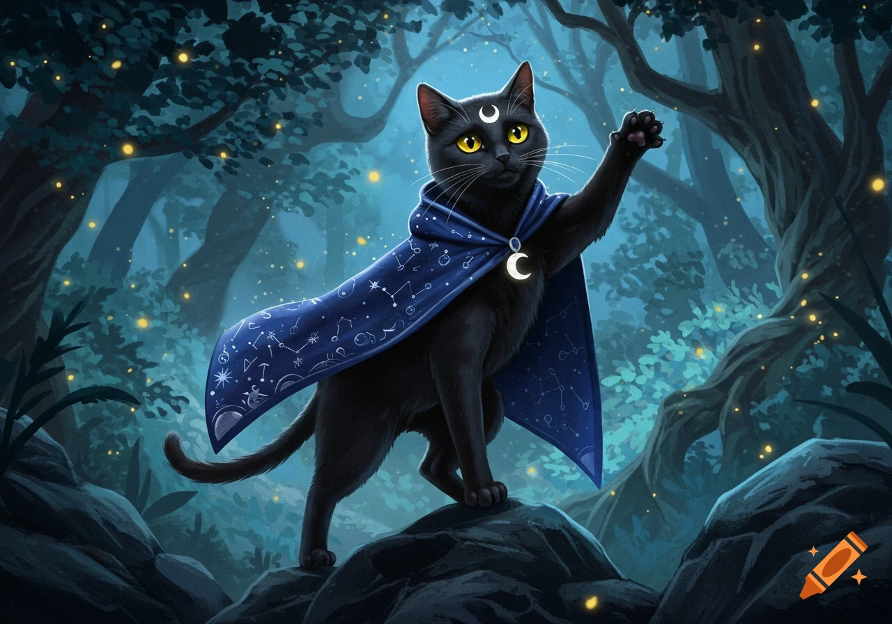 A black cat with bright yellow eyes and a blue celestial cloak sits on a rock in a dark, mystical forest with glowing lights.