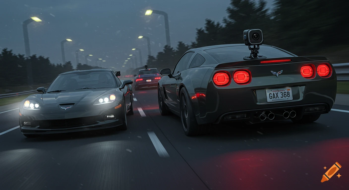 Two dark Corvettes with bright headlights and taillights drive on a wet highway at dusk, with a camera mounted on the rear car. Photorealistic.