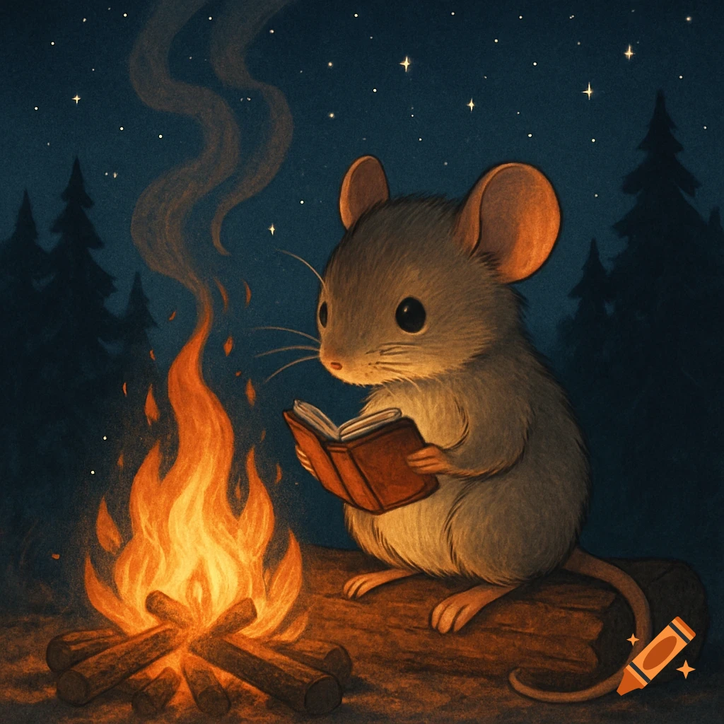 A cute illustrated mouse reads a book by a campfire in a dark forest with stars.