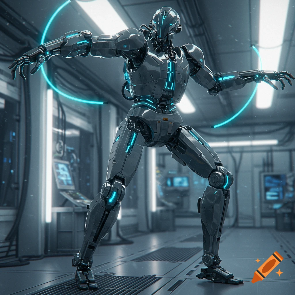 A photorealistic image of a grey and blue futuristic robot with glowing accents, standing in a high-tech laboratory.