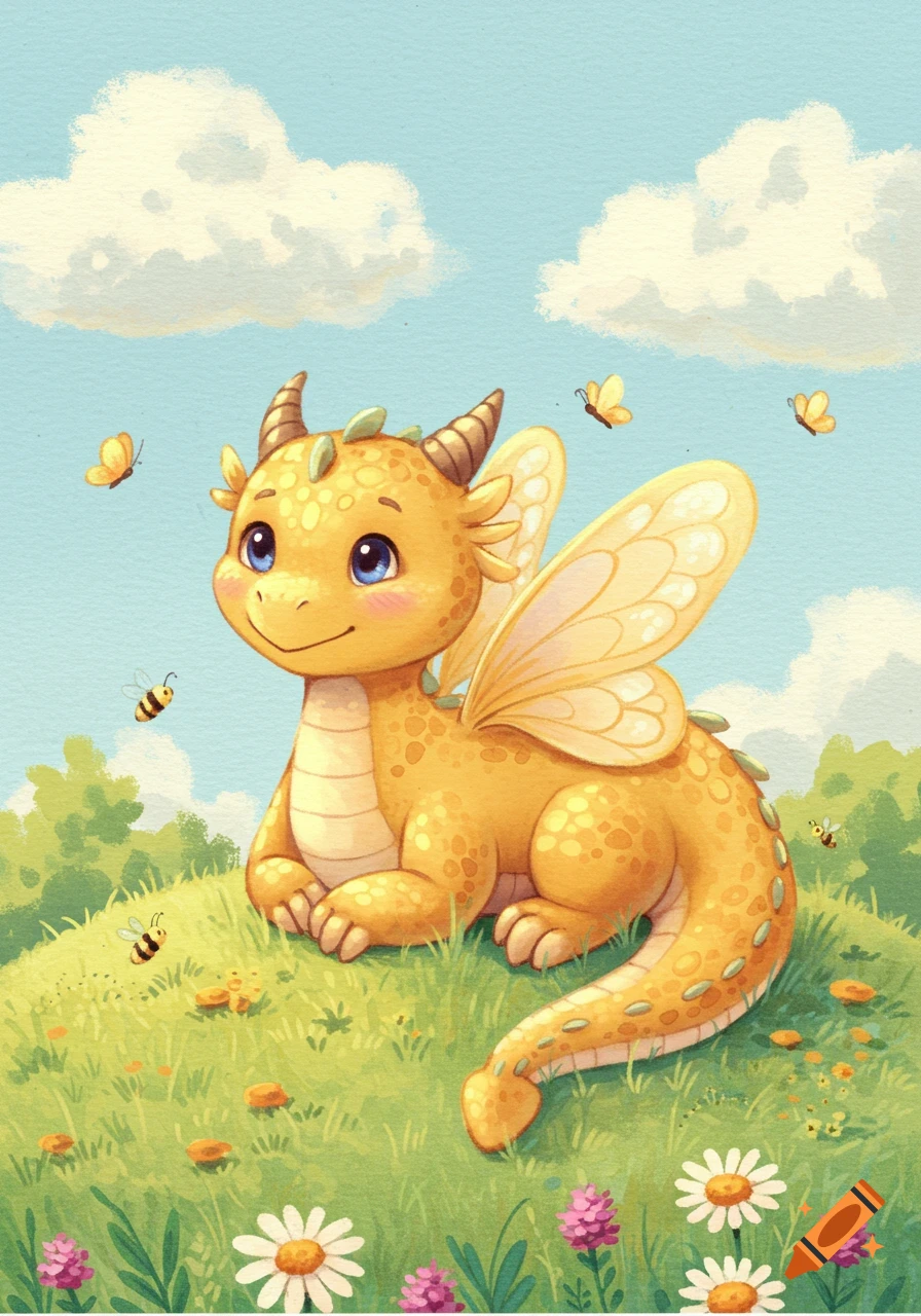 A friendly yellow dragon with insect wings sits on a green grassy hill with flowers under a blue sky, surrounded by butterflies and bees. Illustrated in a charming, watercolor style.