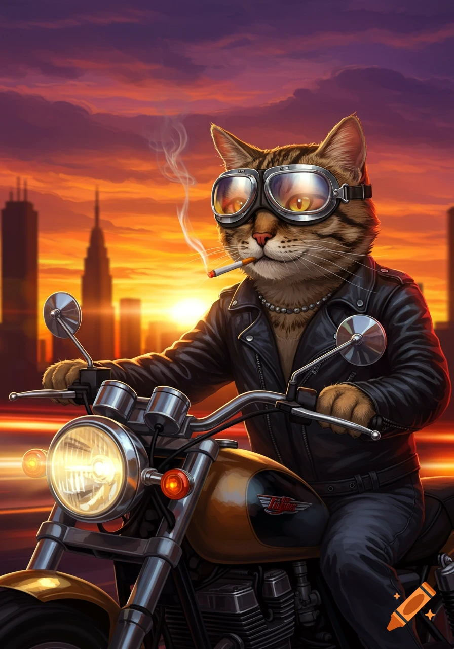 A tabby cat in goggles and a leather jacket rides a motorcycle while smoking a cigarette against a sunset cityscape.