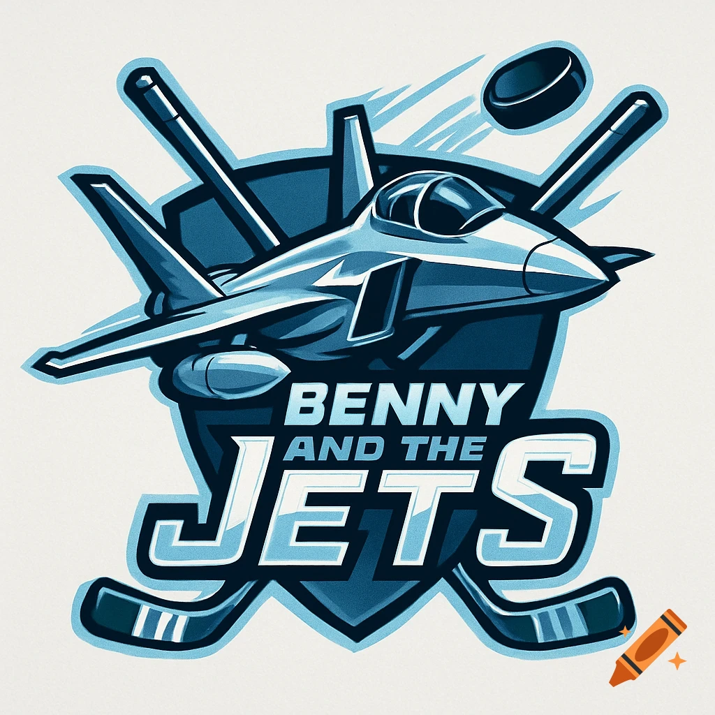 A blue and white stylized logo featuring a fighter jet, two crossed hockey sticks, and a hockey puck, with the text 'BENNY AND THE JETS'.