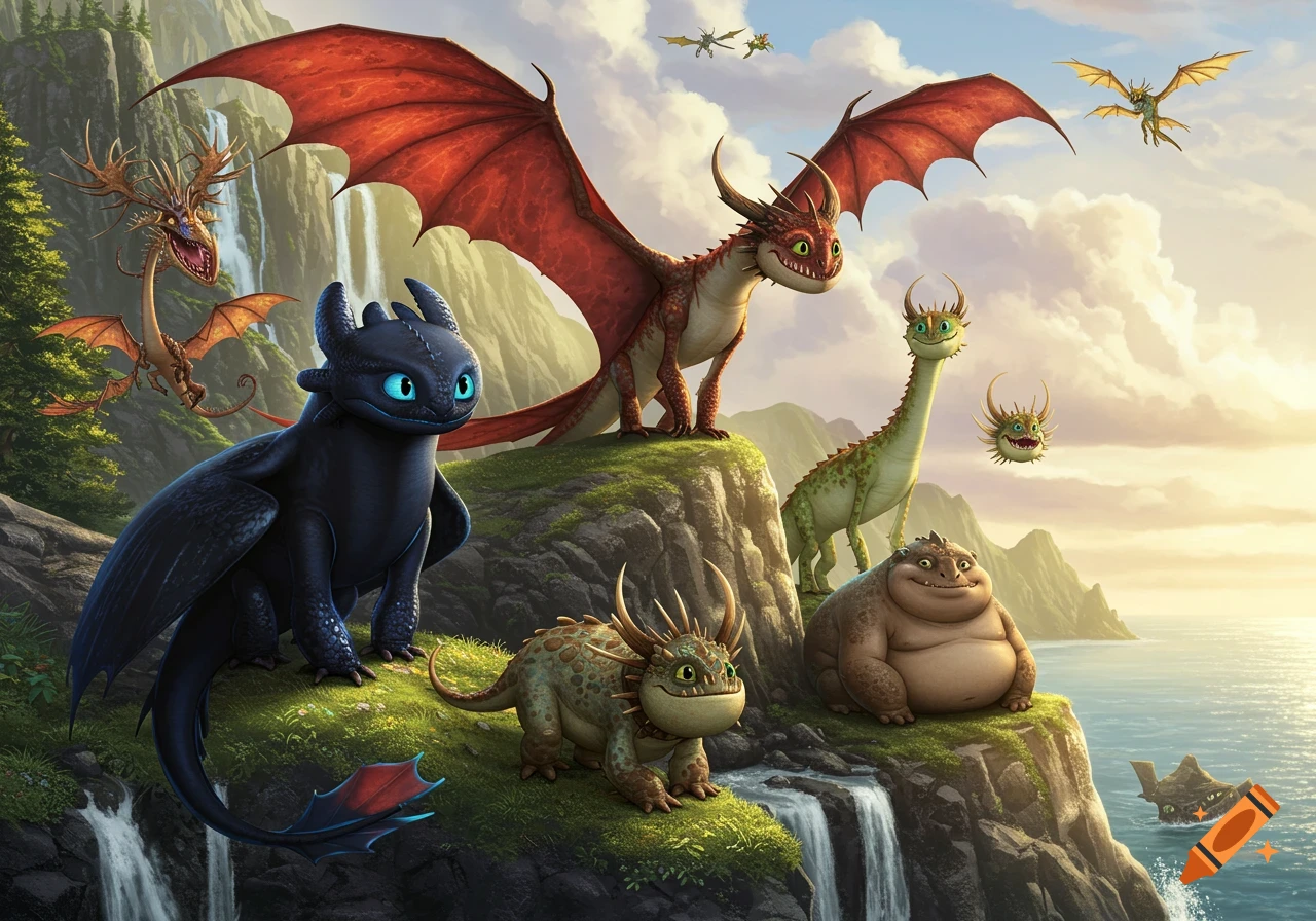 Toothless and several other animated dragons from How to Train Your Dragon on a lush green cliff overlooking the ocean.