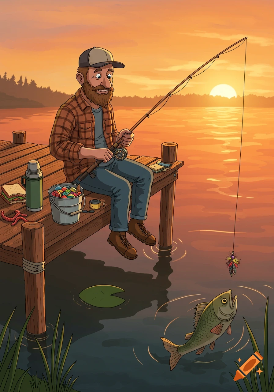 An illustration of a man fishing from a wooden dock at sunset, with a curious fish eyeing his bait in the water.