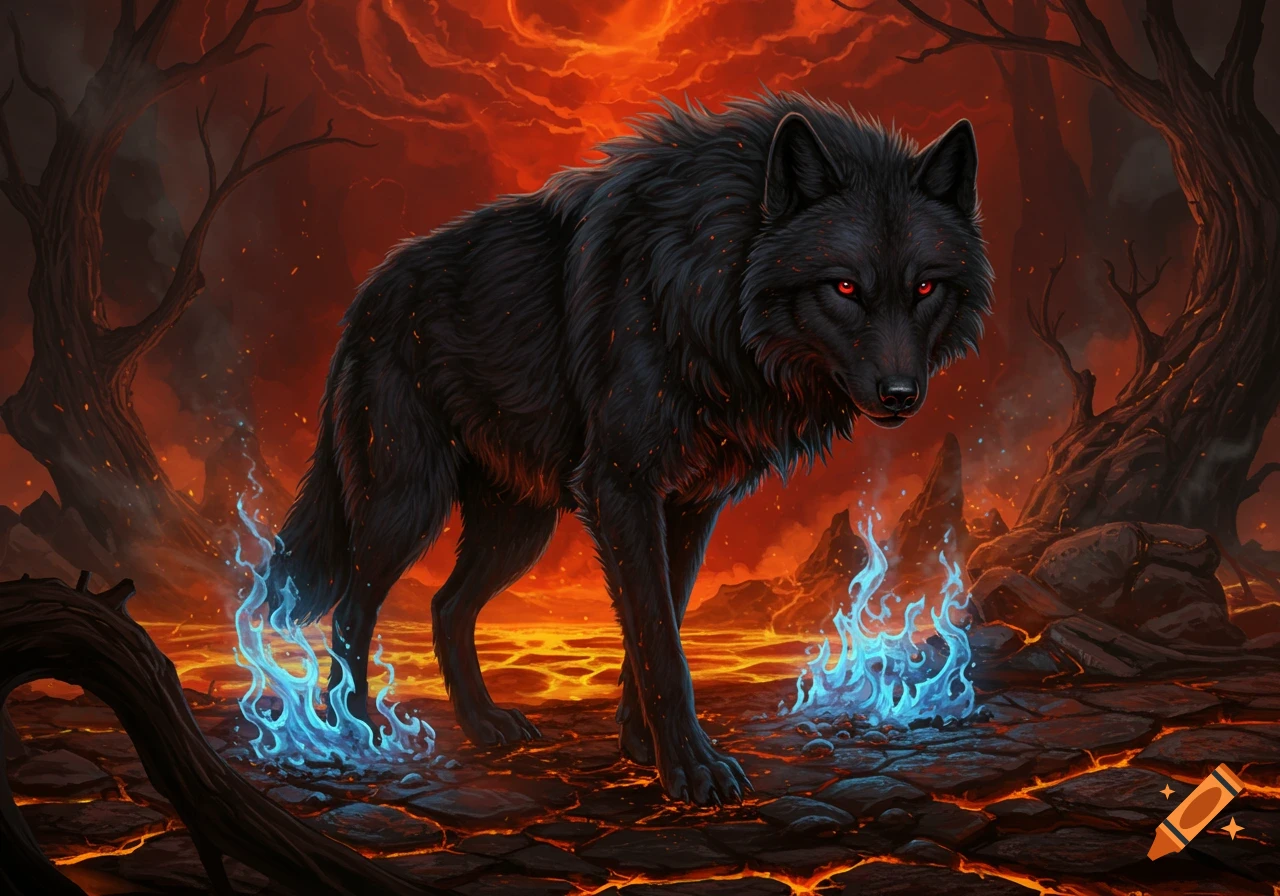 A menacing black wolf with glowing red eyes stands on cracked, fiery ground, surrounded by a red, cloudy sky and blue flames.